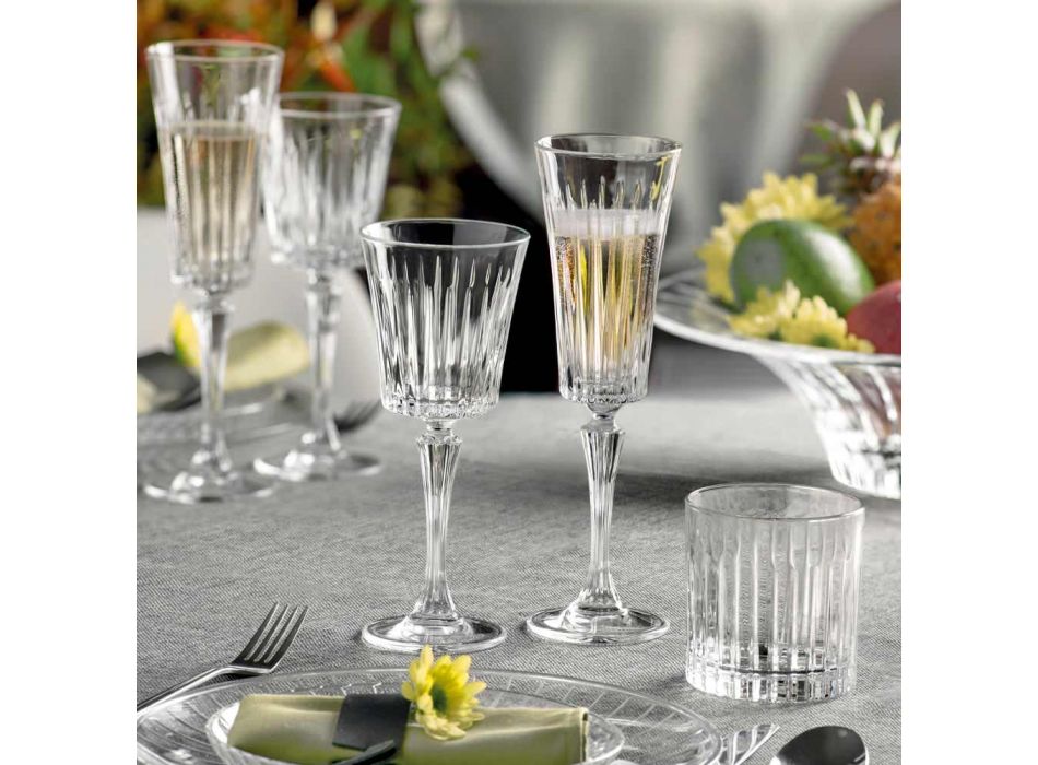 12 flöjtglas för mousserande vin med dekorationer med linjära skärningar i ekokristall - Senzatempo Viadurini