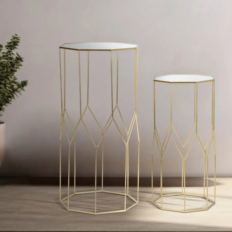 2 telefonbord i gyllene järn- och glasskiva - Pope Viadurini