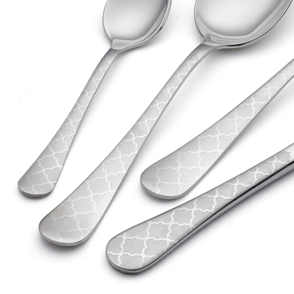 24 bestick av rostfritt stål med Damaskus laserdekor av modern design - Tantasa Viadurini