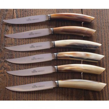 6 hantverkskökknivar med oxhornhornhandtag tillverkat i Italien - marint