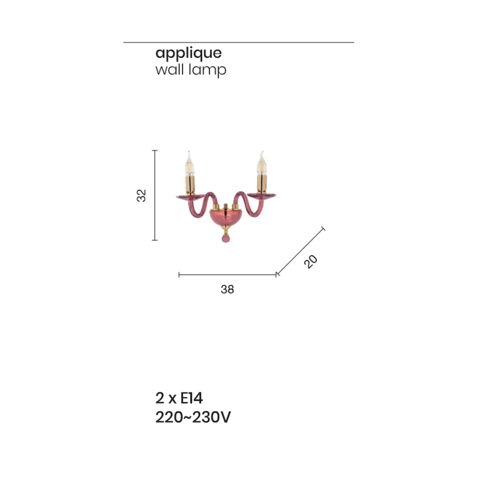 Klassisk 2-ljus vägglampa i handgjort italienskt glas och guldmetall - Oliver Viadurini