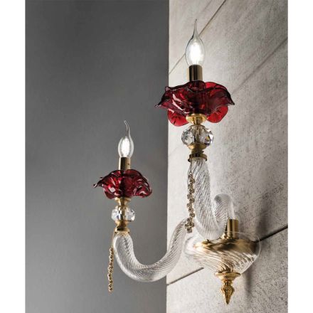 Klassisk vägglampa 2 ljus blåst glas och blomdetaljer - Bluminda Viadurini