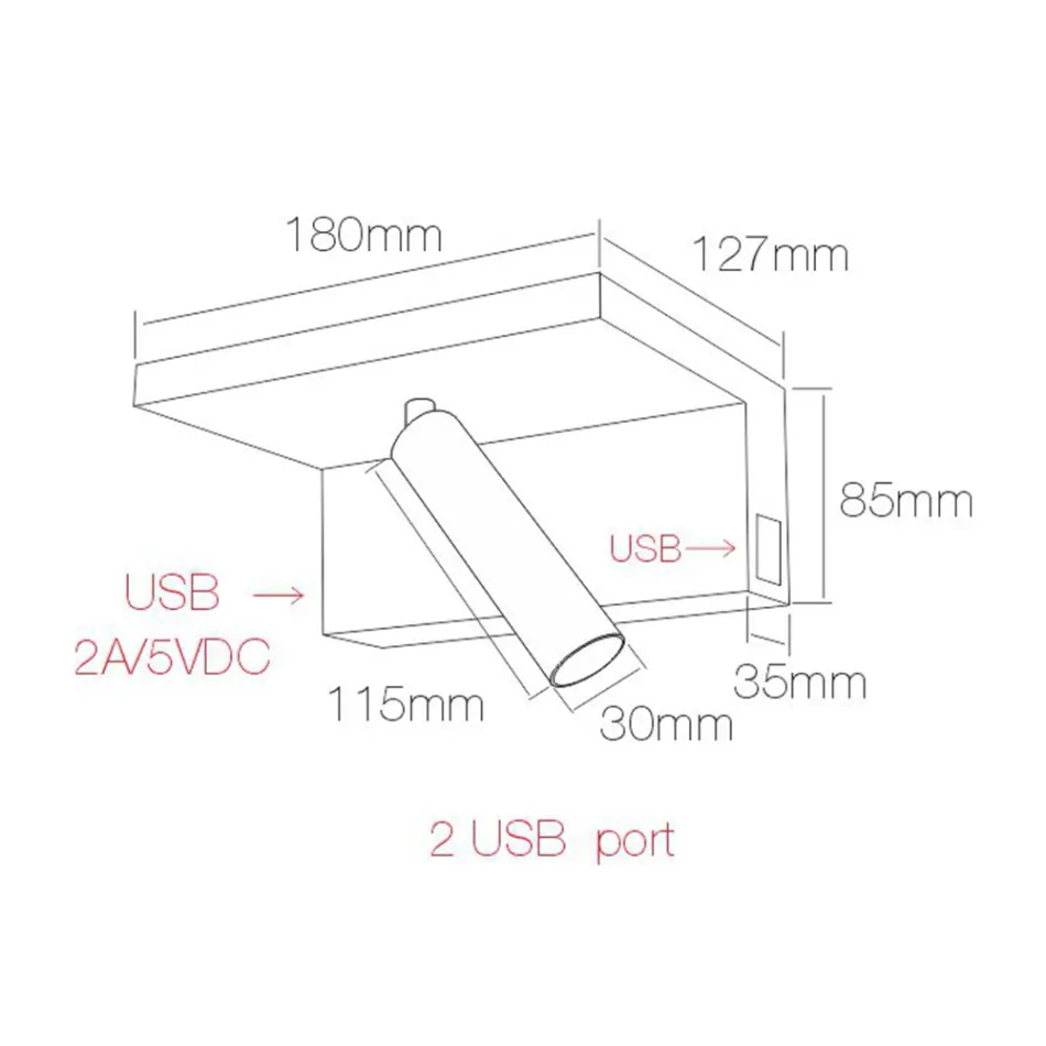 Justerbar dekorativ LED-vägglampa i aluminium med USB-portar - Alena Viadurini