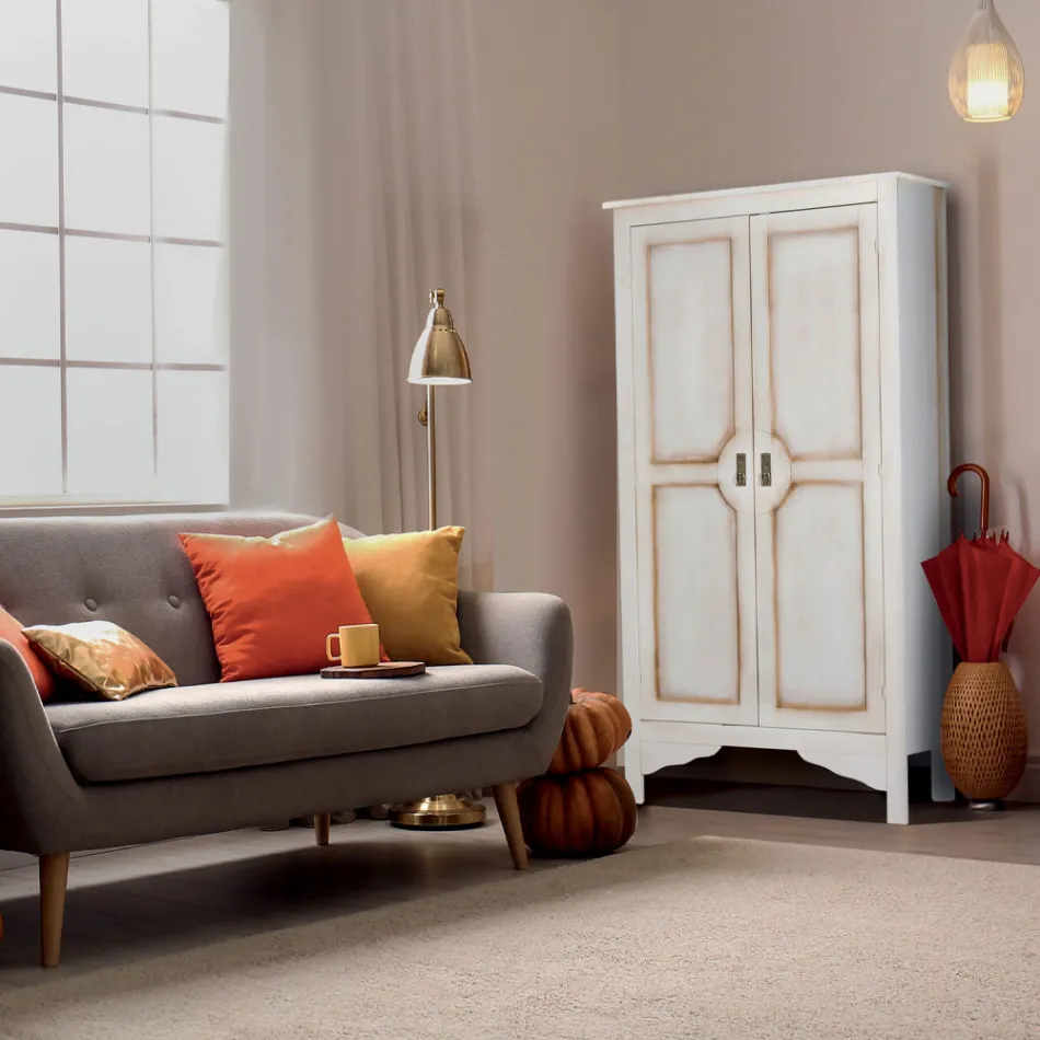 Patinerad vit trägarderob med 2 dörrar tillverkad i Italien - Agni Viadurini