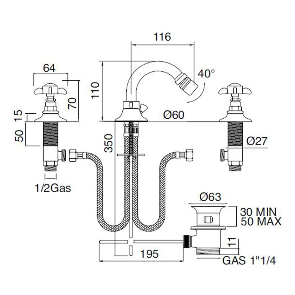 Klassisk 3-håls bidéblandare i mässing och fjärilshandtag - Miriano Viadurini