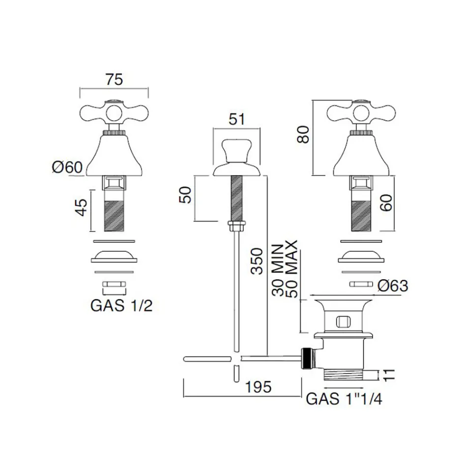 3-håls bidéblandare avlopp Intern leverans Handgjord mässing - Ercolina Viadurini