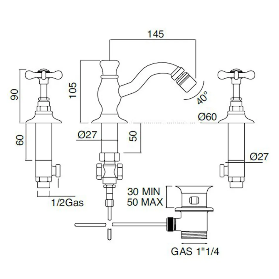3-håls bidéblandare med klassiskt handgjort mässingsavfall - Fioretta Viadurini