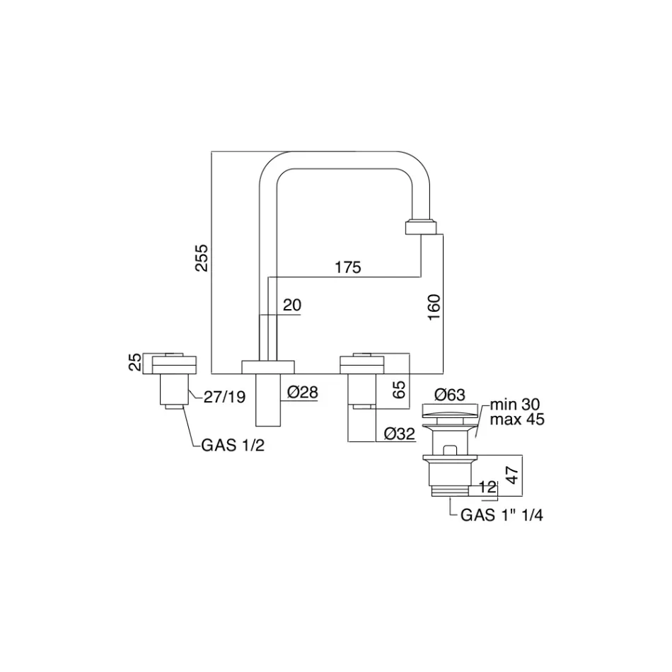 Modern 3-håls tvättställsblandare med avfall tillverkad i Italien - Quito Viadurini