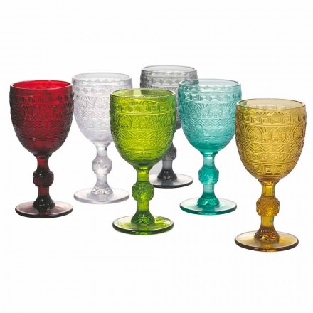 Vatten- eller vinglasglas i färgat glas och präglade dekorationer - folkmusik Viadurini