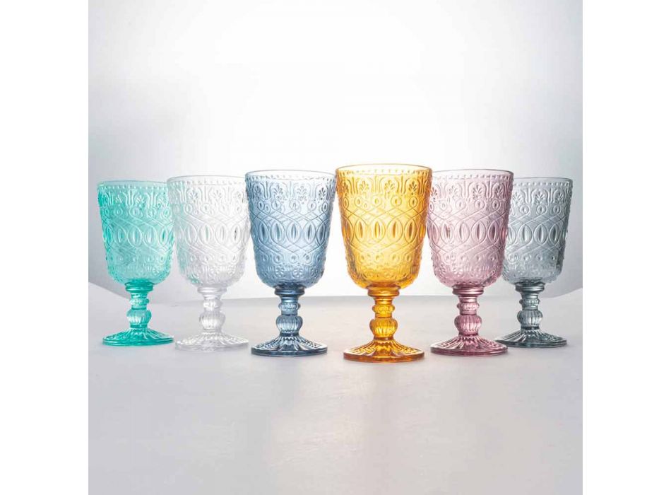 Bägare glas vin eller vatten i glas med dekorationer, 12 stycken - Pizzotto Viadurini