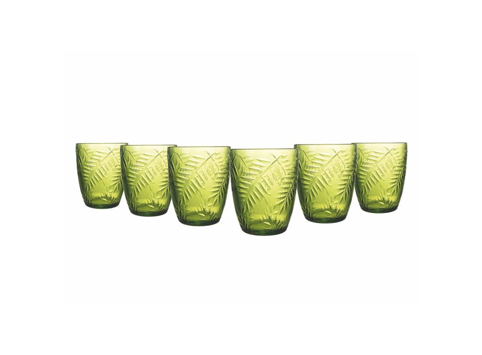Vattenglas i transparent eller grönt glas och bladdekoration 12 st - Tropeo Viadurini
