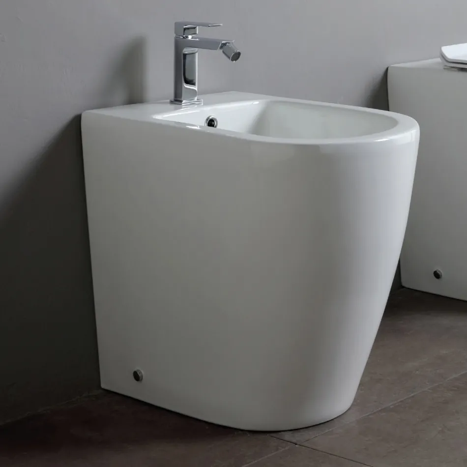 Enkelhålsbidé med förskjutet avlopp i keramik med modern design - Oleandro  Viadurini