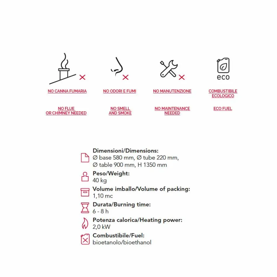 Biocamino utomhus bioetanol med glasskiva Dean-Table Viadurini