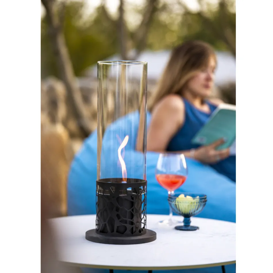 Cylindrisk bordsskiva biospis i härdat glas och svart metall - Ringo Viadurini