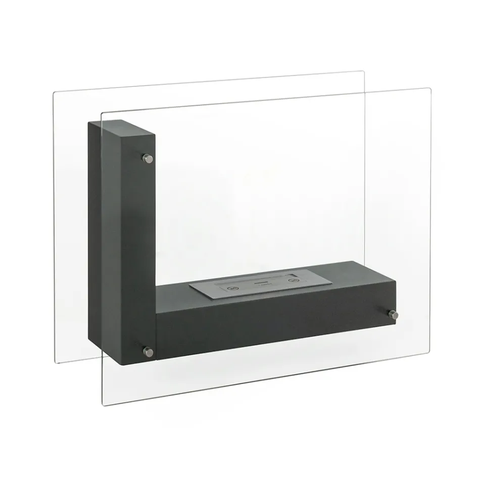 Golvbiokamin med dubbelsidig struktur i glas och svart metall - Squillo Viadurini