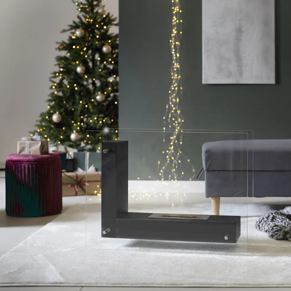 Golvbiokamin med dubbelsidig struktur i glas och svart metall - Squillo Viadurini