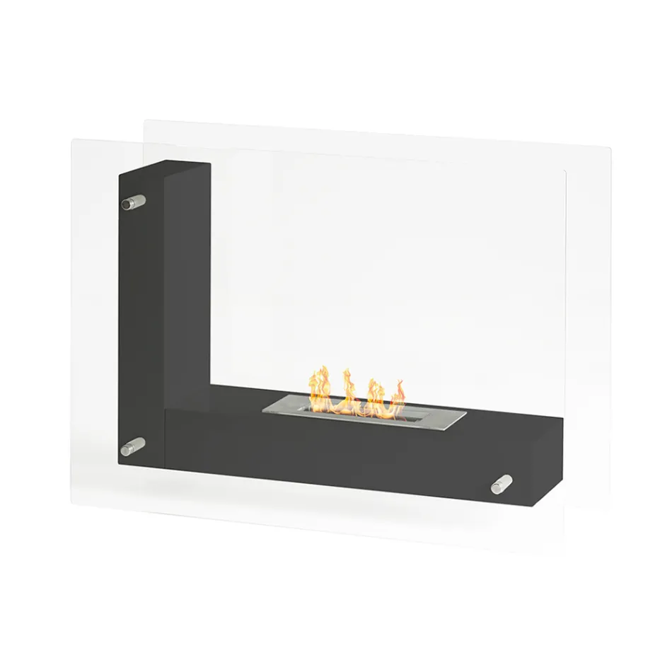 Golvbiokamin med dubbelsidig struktur i glas och svart metall - Squillo Viadurini