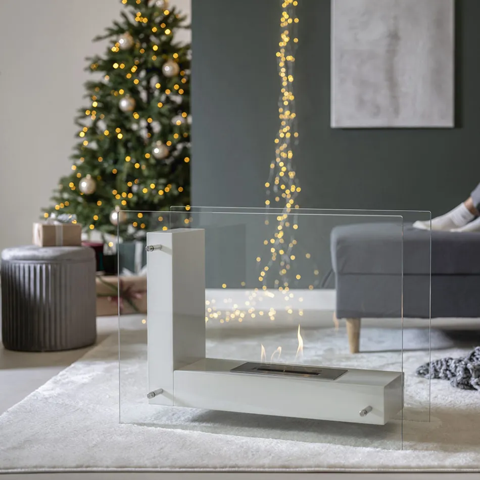 Golv Bio-eldstad med dubbelsidig struktur i glas och metall - Planeto Viadurini