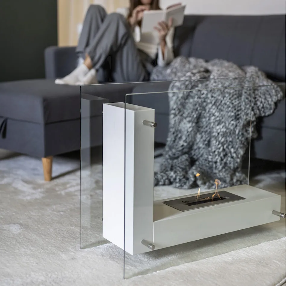 Golv Bio-eldstad med dubbelsidig struktur i glas och metall - Planeto Viadurini