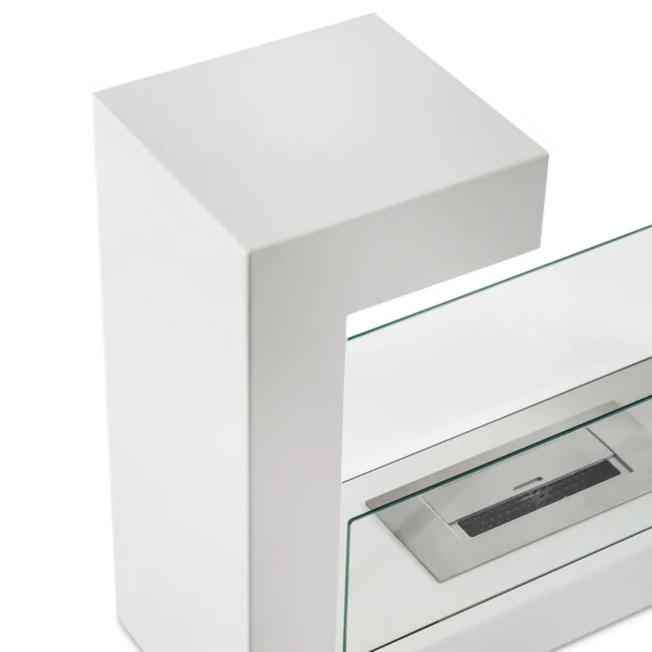 Golv Bio Kamin i Vitmålad Metall och Härdat Glas - Pelide Viadurini