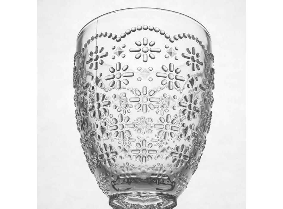 Bägare glas i genomskinligt glas med lättnad dekorationer, 12 stycken - Trapani Viadurini