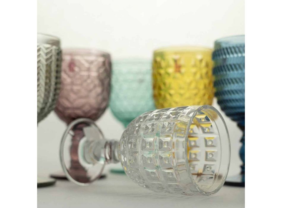 Dekorerade färgade glasbägare Vatten- eller vinservice 12 stycken - mix Viadurini