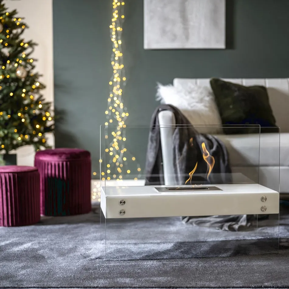 Bioetanol Golvkamin i vit metall och härdat glas - Timon Viadurini