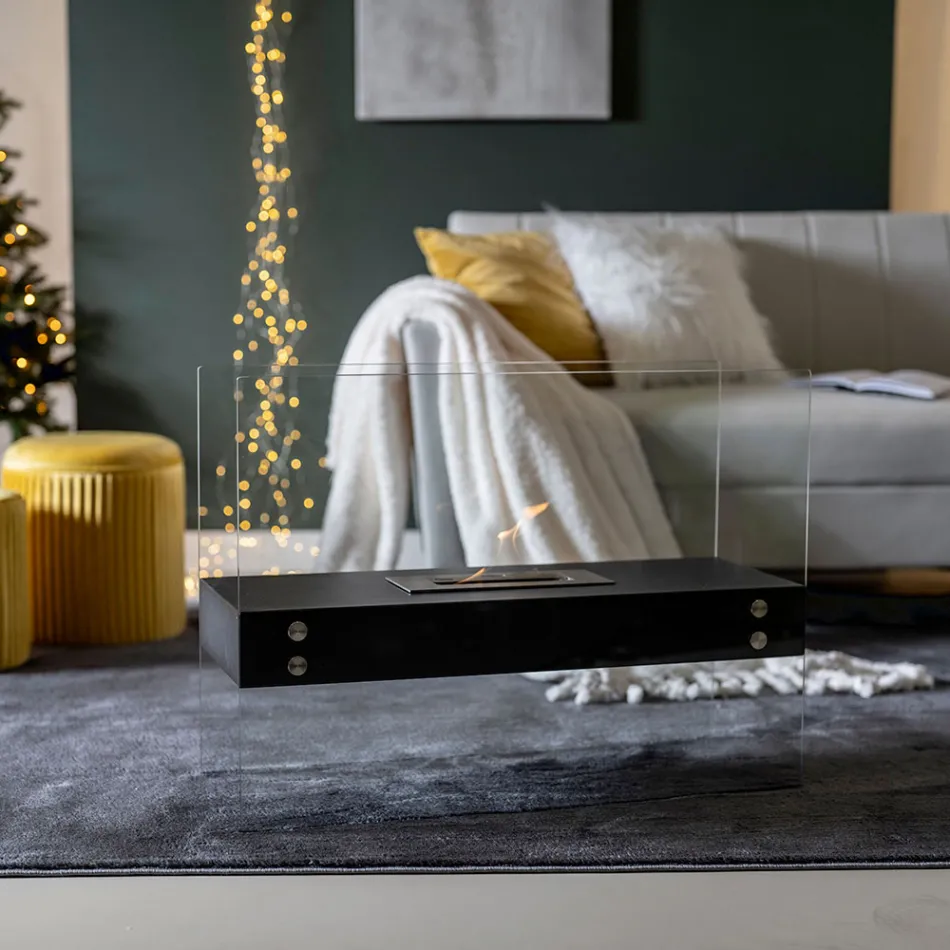 Bioetanol Golvkamin i svart metall och härdat glas - Violante Viadurini