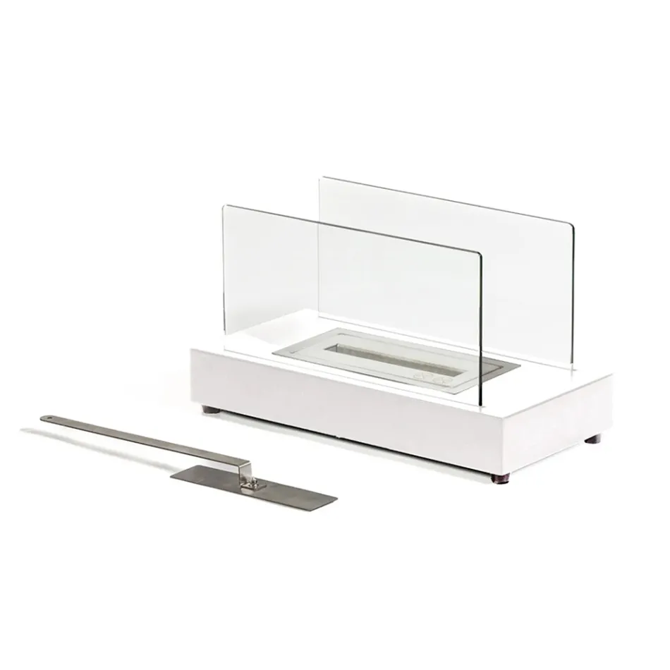 Bordsskiva bioetanol öppen spis i härdat glas och metall - Silver Viadurini