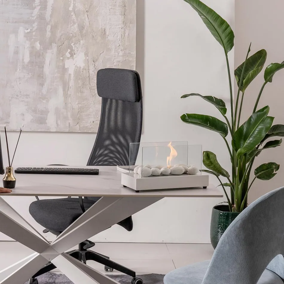 Bordsskiva bioetanol öppen spis i härdat glas och metall - Silver Viadurini