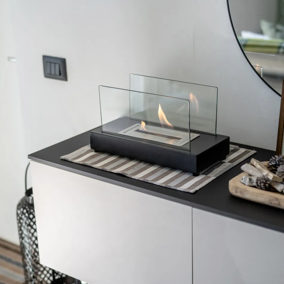 Bordsskiva bioetanol öppen spis i härdat glas och metall - Silver Viadurini