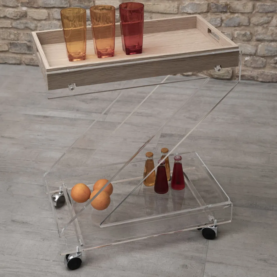 Vagn 2 hyllor i transparent akrylkristall med bricka - Zazza Viadurini