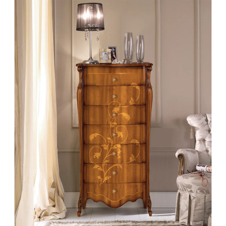 Byrå med 7 lådor i inlagt valnötsträ Tillverkad i Italien - Commodus Viadurini