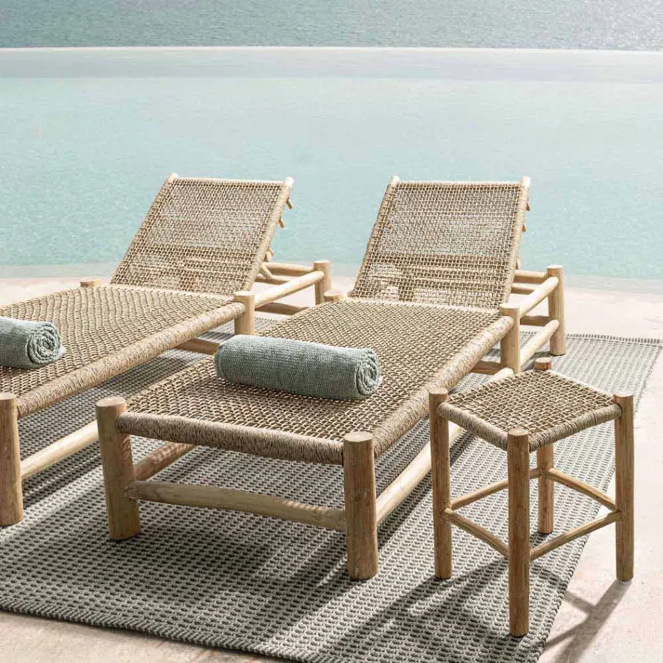 Utanför schäslong i teakgrenar och syntetisk fibervävning - Tecno Viadurini