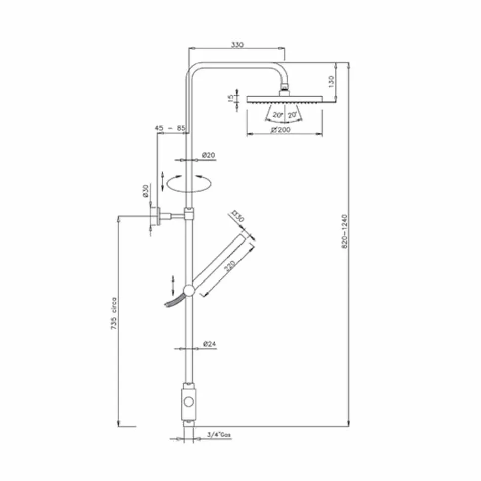 Duschpelare i mässing med duschhuvud och handdusch i Abs Made in Italy - Lesio Viadurini