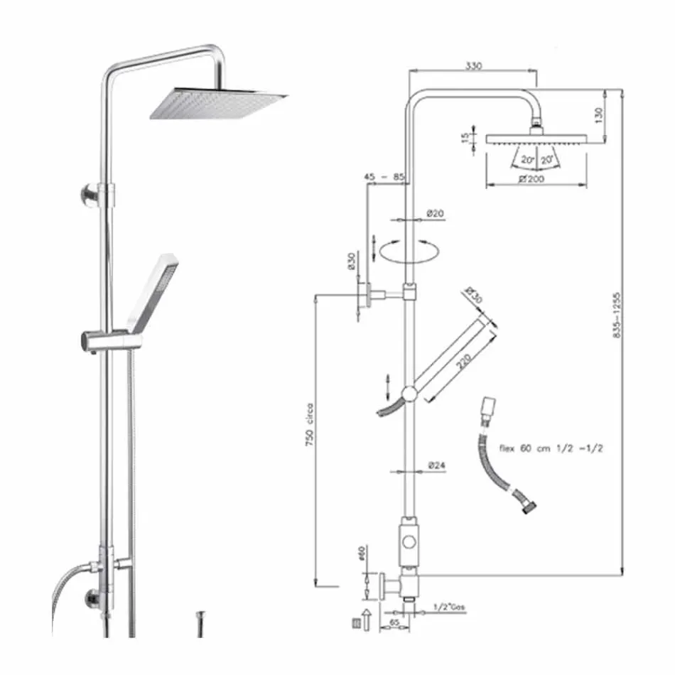 Duschpelare i mässing med duschhuvud och handdusch i Abs Made in Italy - Lesio Viadurini