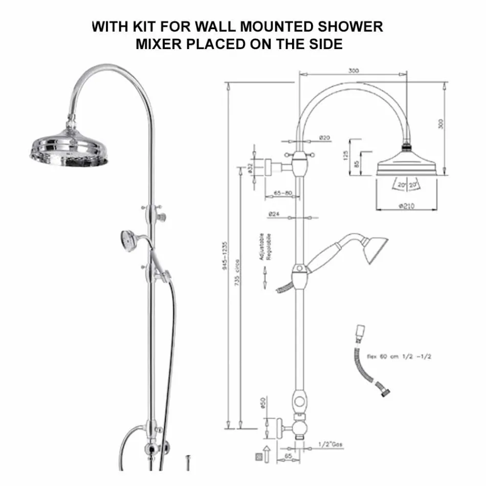 Mässingsduschpelare med rund duschmunstycke och handdusch Tillverkad i Italien - Brillo Viadurini