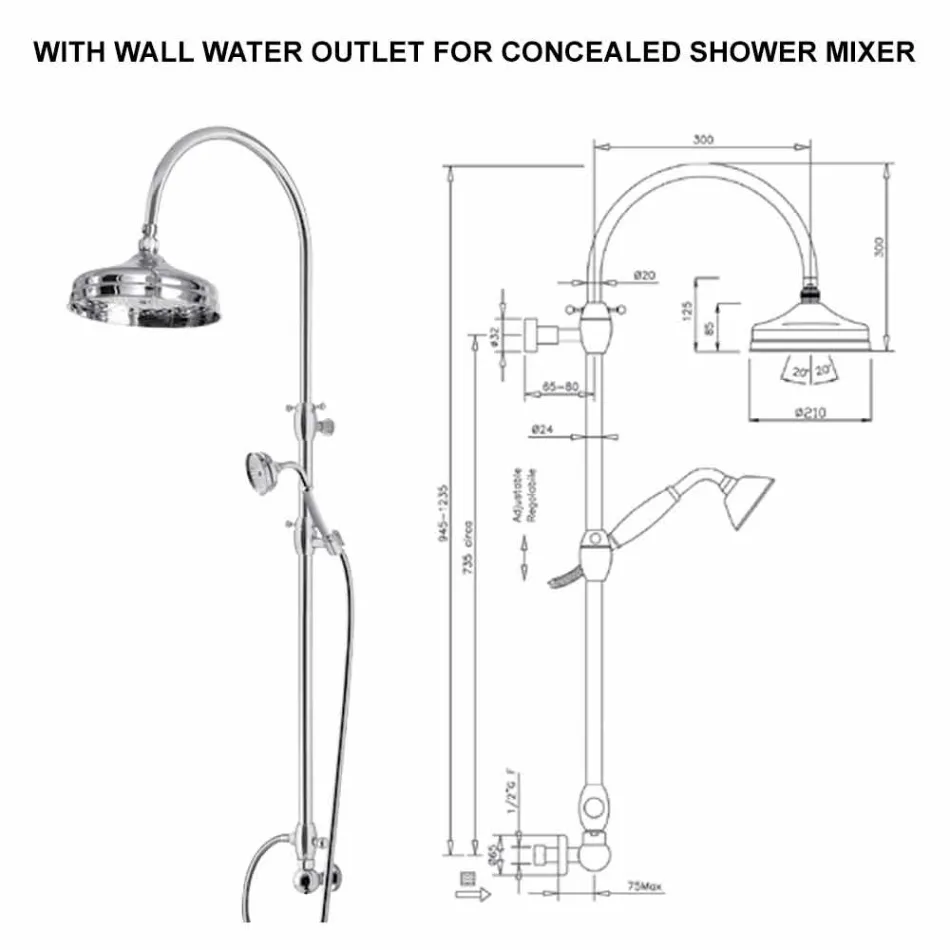 Mässingsduschpelare med rund duschmunstycke och handdusch Tillverkad i Italien - Brillo Viadurini