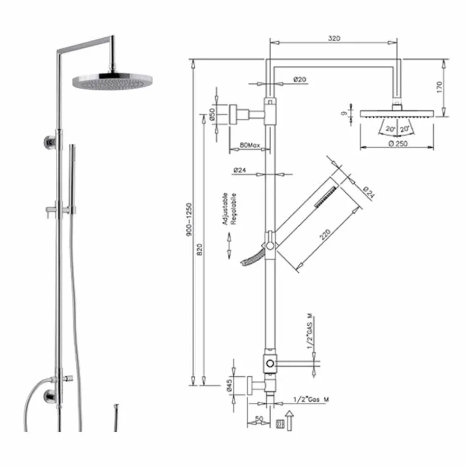Duschpelare i förkromad mässing med abs handdusch tillverkad i Italien - Selvio Viadurini