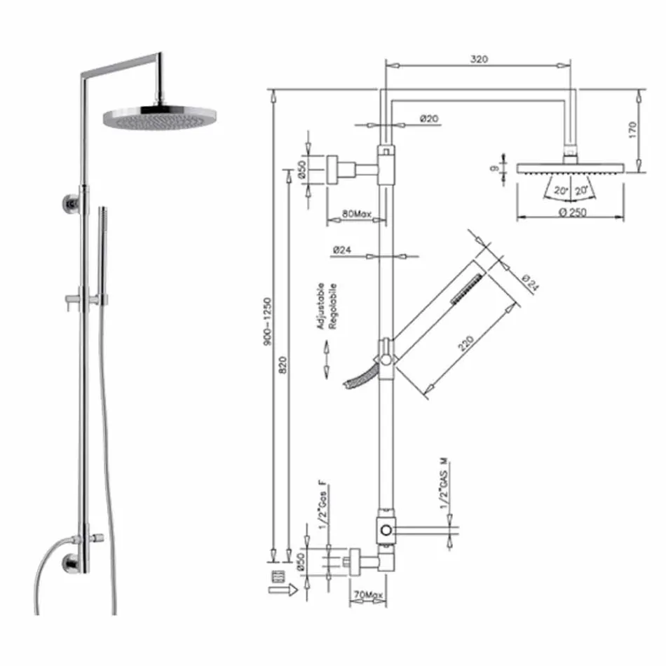 Duschpelare i förkromad mässing med abs handdusch tillverkad i Italien - Selvio Viadurini