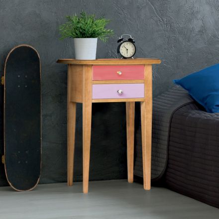 Sängbord i trä med 2 färgade lådor Tillverkat i Italien - Varuna Viadurini