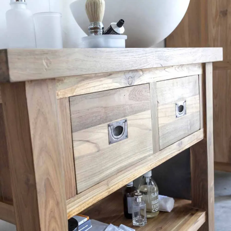 Sammansättning 3 badrumsmöbler i teak med tvättställ med harts - Essence Viadurini