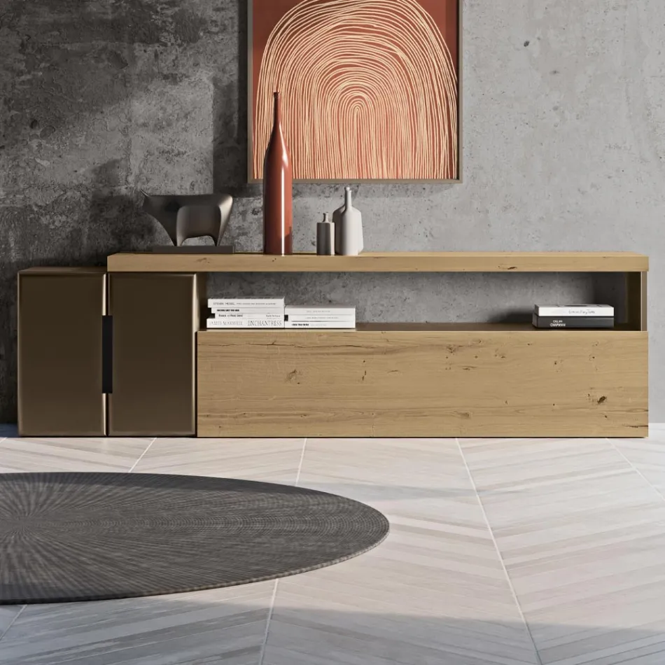 Modern väggkomposition i nordisk knuten ek och järnfinish - Siri Viadurini