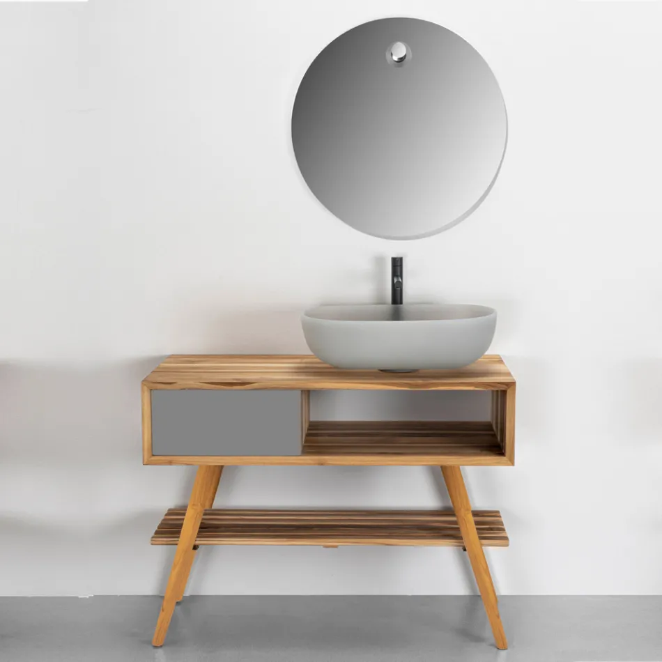 Grå badrumsmöbelkomposition med spegel och markskåp - Sylviane Viadurini