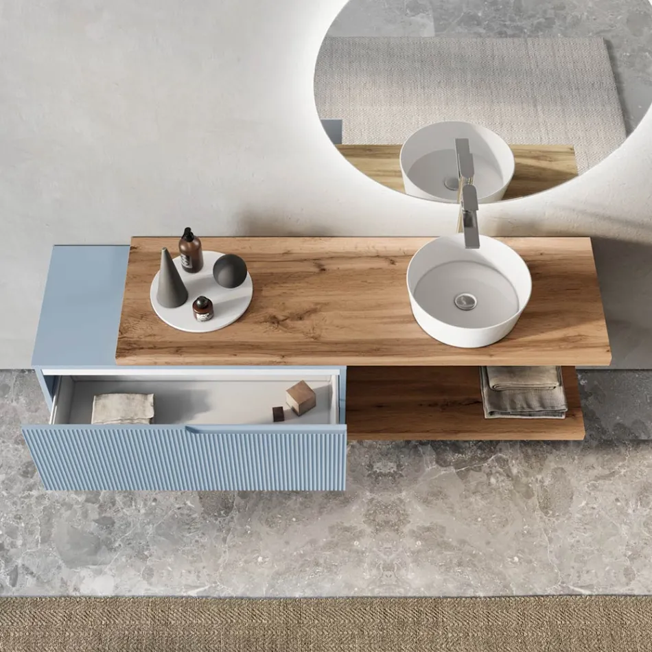 Tiffany blå och ek badrumskomposition med spegel tillverkad i Italien - Ermes Viadurini