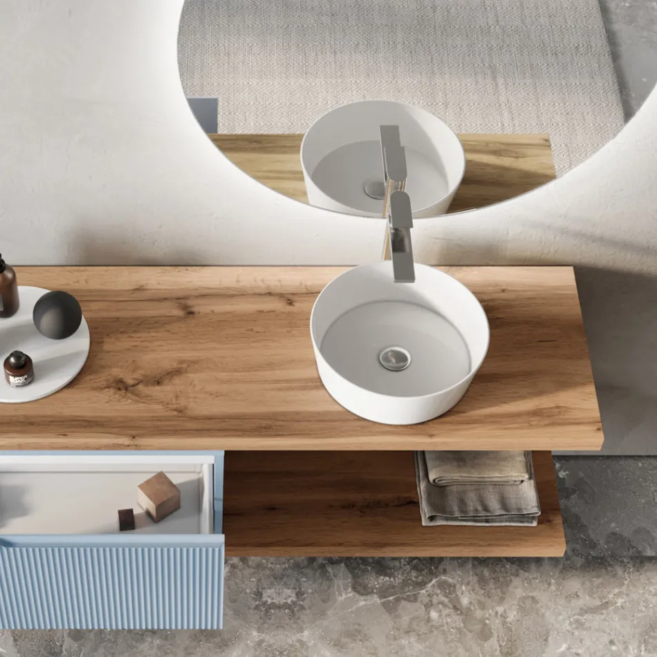 Tiffany blå och ek badrumskomposition med spegel tillverkad i Italien - Ermes Viadurini