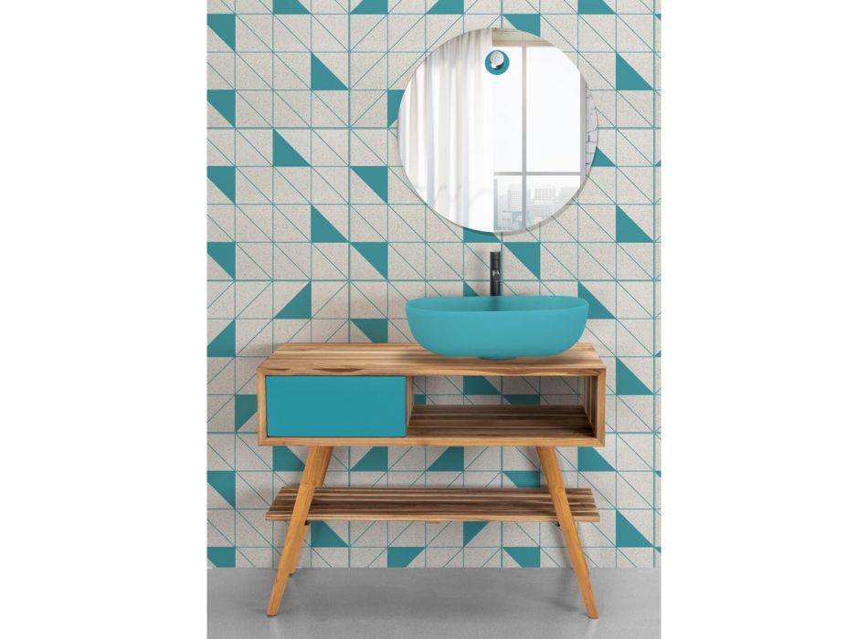 Blå badrumskomposition med teakgolvsskåp och tillbehör - Sylviane Viadurini