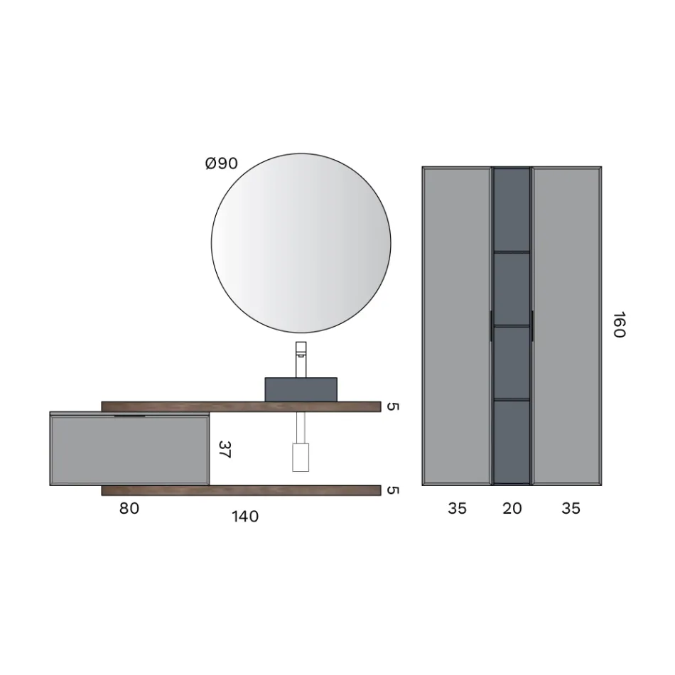 Badrumskomposition inklusive 1 golv med 1 låda, handfat och 2 pelare - Orione Viadurini
