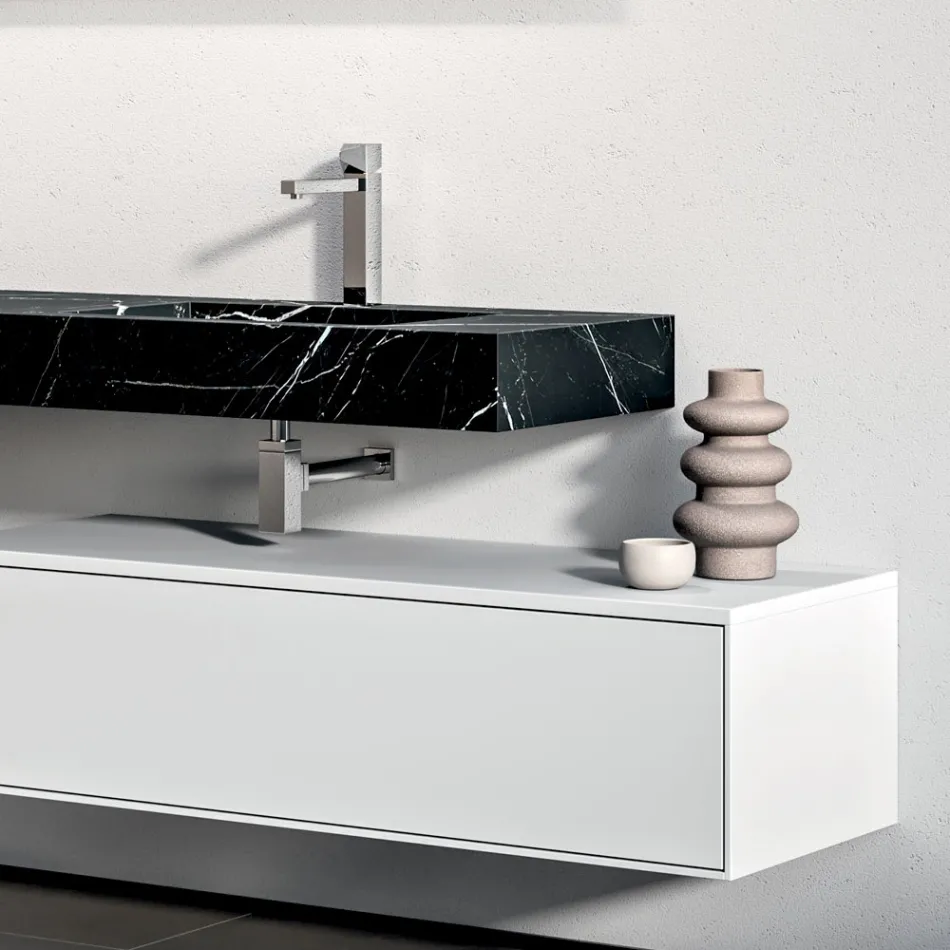 Badrumskomposition med 1 vit låda, spegel och Marquina HPL-hylla - Velaria Viadurini