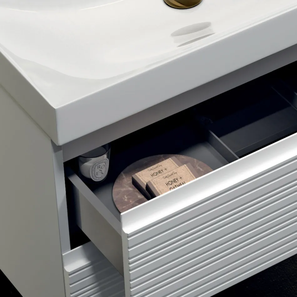 Badrumskomposition med 2 mattvita lådor, handfat och spegel - Elios Viadurini